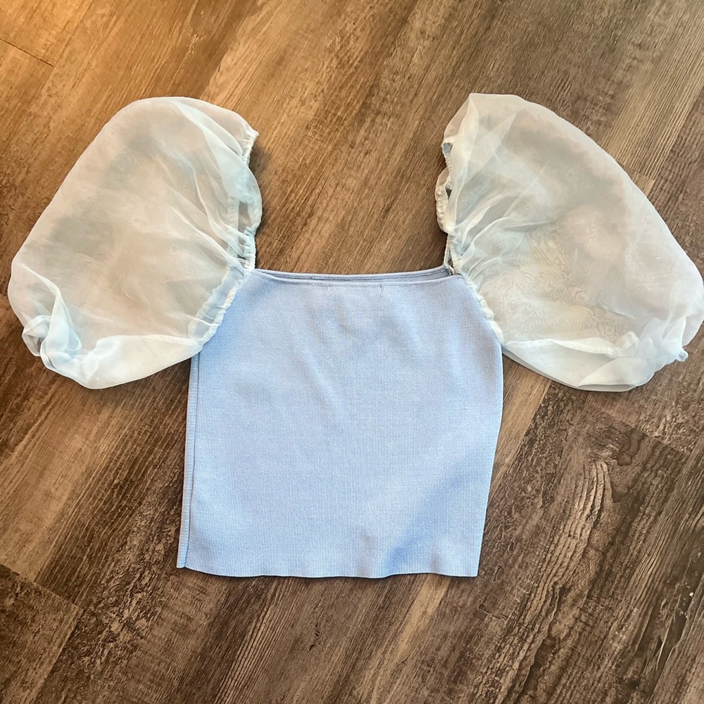 Forever 21 Light Blue Sheer Puff Sleeve Blouse